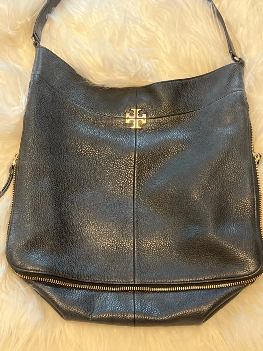 Tory Burch Black Pebbled Leather Hobo with Gold Logo
